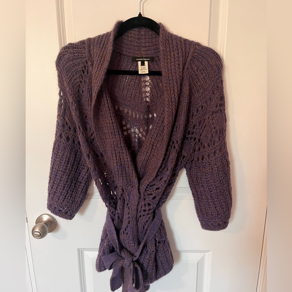 Nanette Lepore Swing Time Coatigan Cardigan Small Purple Knit Mohair EUC